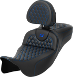 SADDLEMEN RoadSofa™ Seat - Honeycomb - Blue Stitch - with Backrest - Extended Reach - FLH/FLT '08-'24