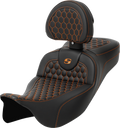 SADDLEMEN RoadSofa™ Seat - Honeycomb - Orange Stitch - with Backrest - Extended Reach - FLH/FLT '08-'24