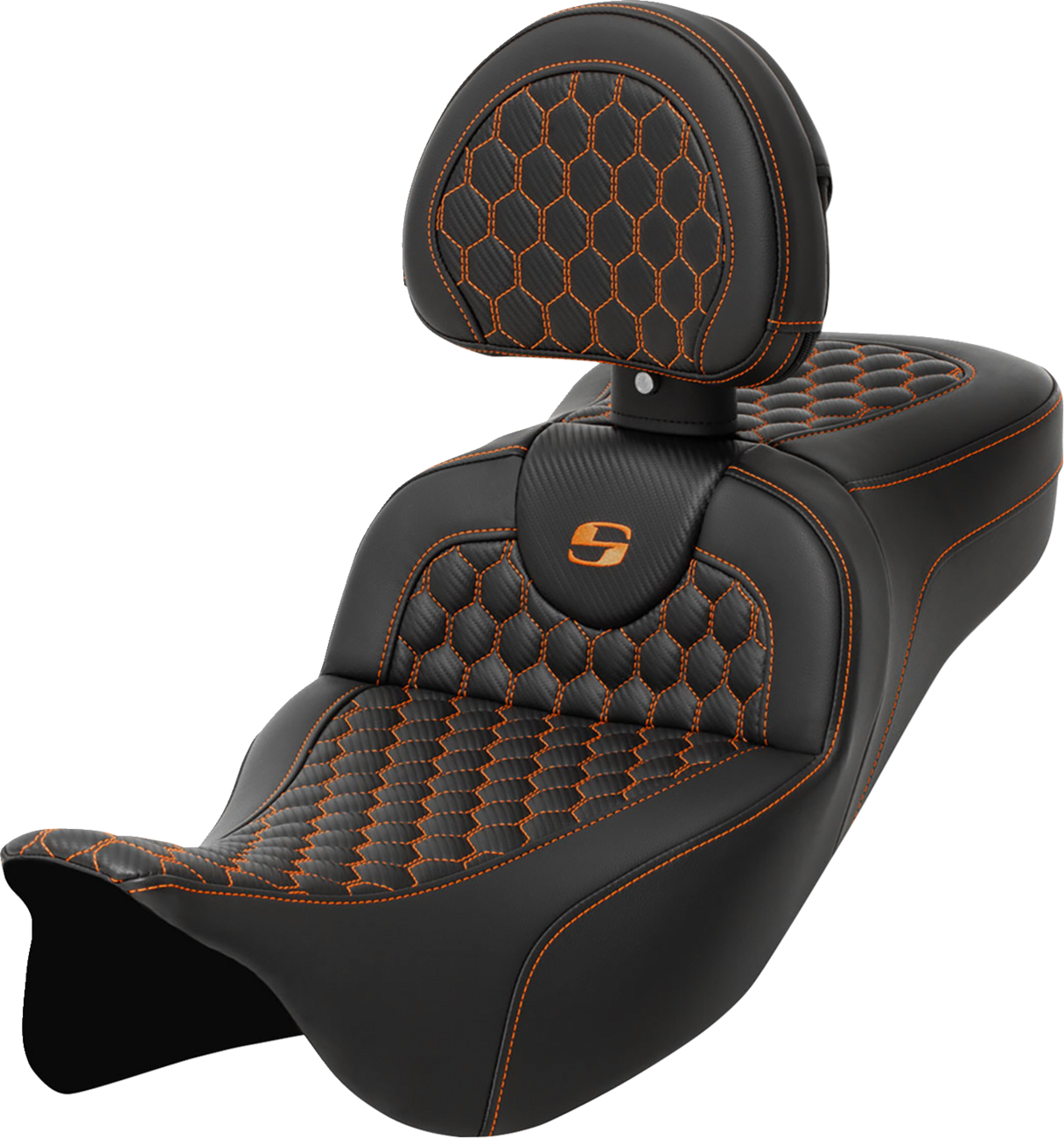 SADDLEMEN RoadSofa™ Seat - Honeycomb - Orange Stitch - with Backrest - Extended Reach - FLH/FLT '08-'24