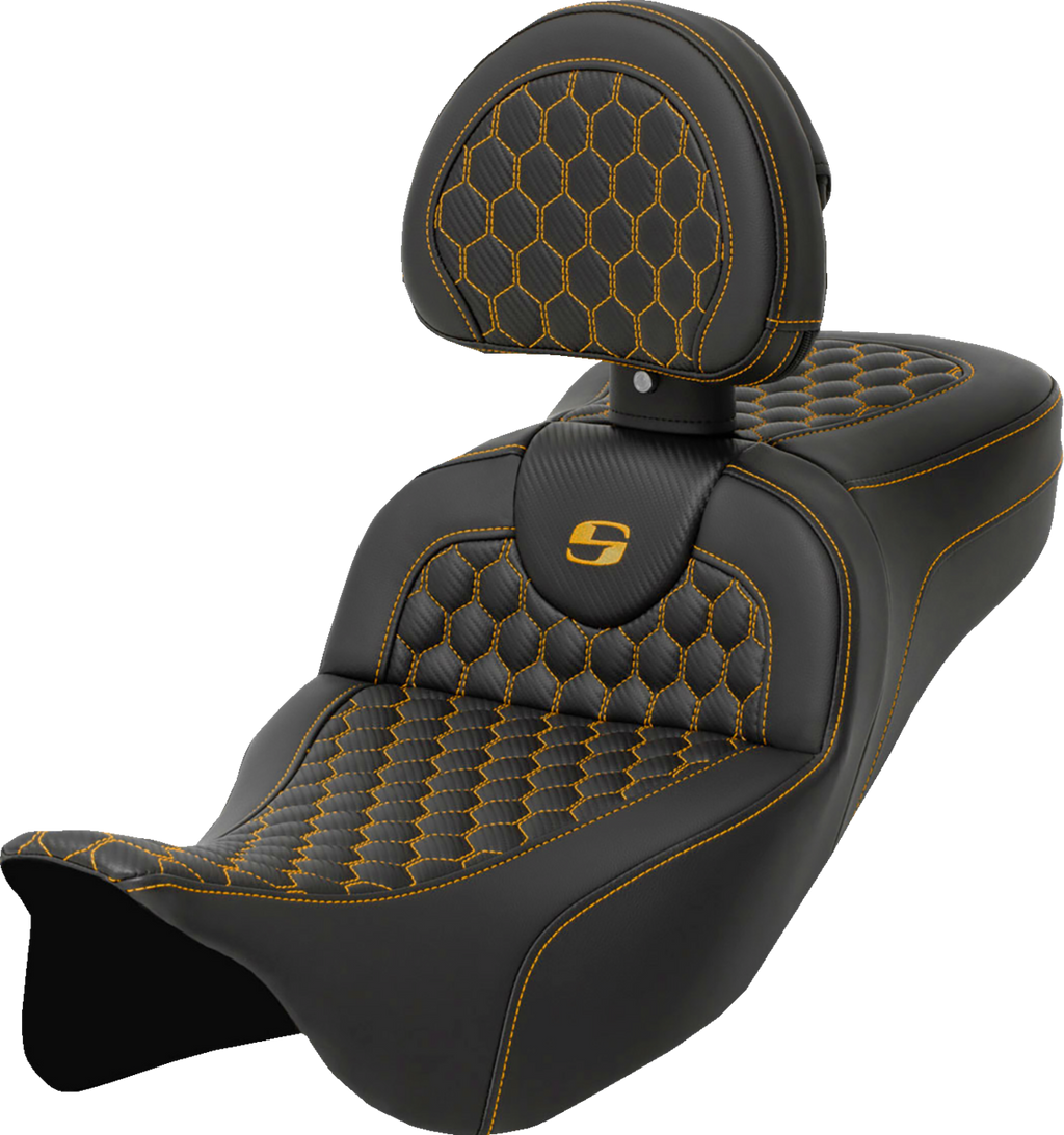 SADDLEMEN RoadSofa™ Seat - Honeycomb - Gold Stitch - with Backrest - Extended Reach - FLH/FLT '08-'24