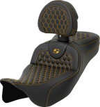 SADDLEMEN RoadSofa™ Seat - Honeycomb - Gold Stitch - with Backrest - Extended Reach - FLH/FLT '08-'24
