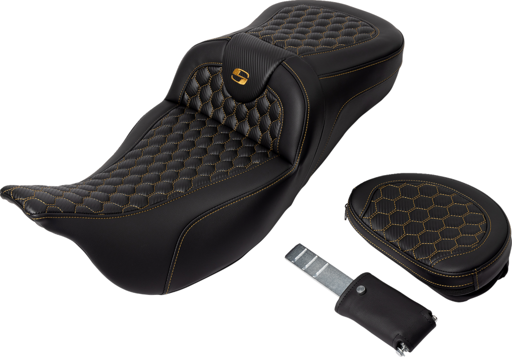 SADDLEMEN RoadSofa™ Seat - Honeycomb - Gold Stitch - with Backrest - Extended Reach - FLH/FLT '08-'24