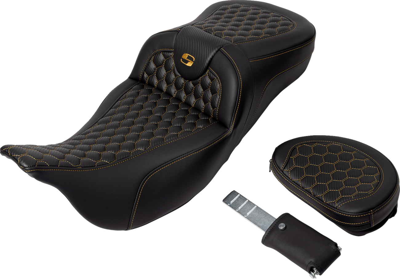 SADDLEMEN RoadSofa™ Seat - Honeycomb - Gold Stitch - with Backrest - Extended Reach - FLH/FLT '08-'24