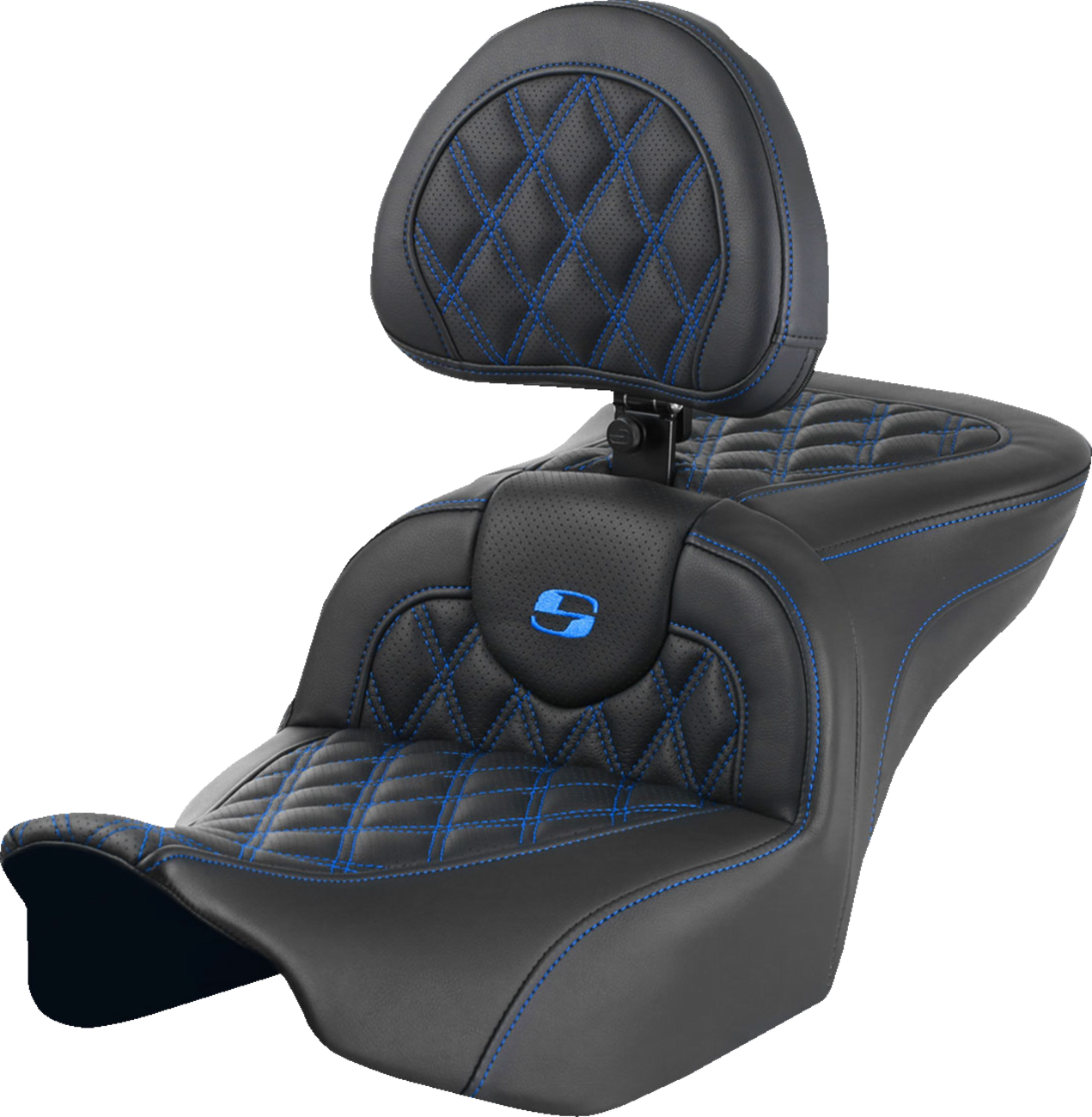 SADDLEMEN RoadSofa™ Seat - with Backrest - Lattice Stitch - Blue Stitch - FLTR/FLHX '23-'24