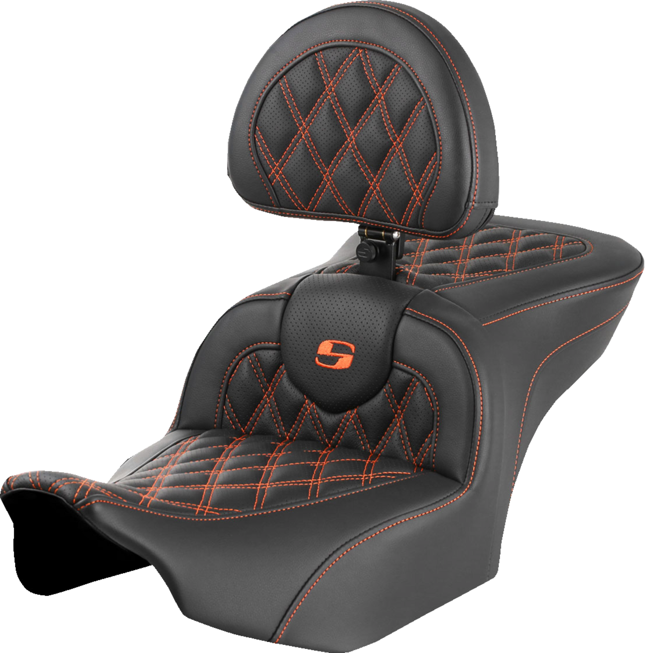 SADDLEMEN RoadSofa™ Seat - with Backrest - Lattice Stitch - Orange Stitch - FLTR/FLHX '23-'24