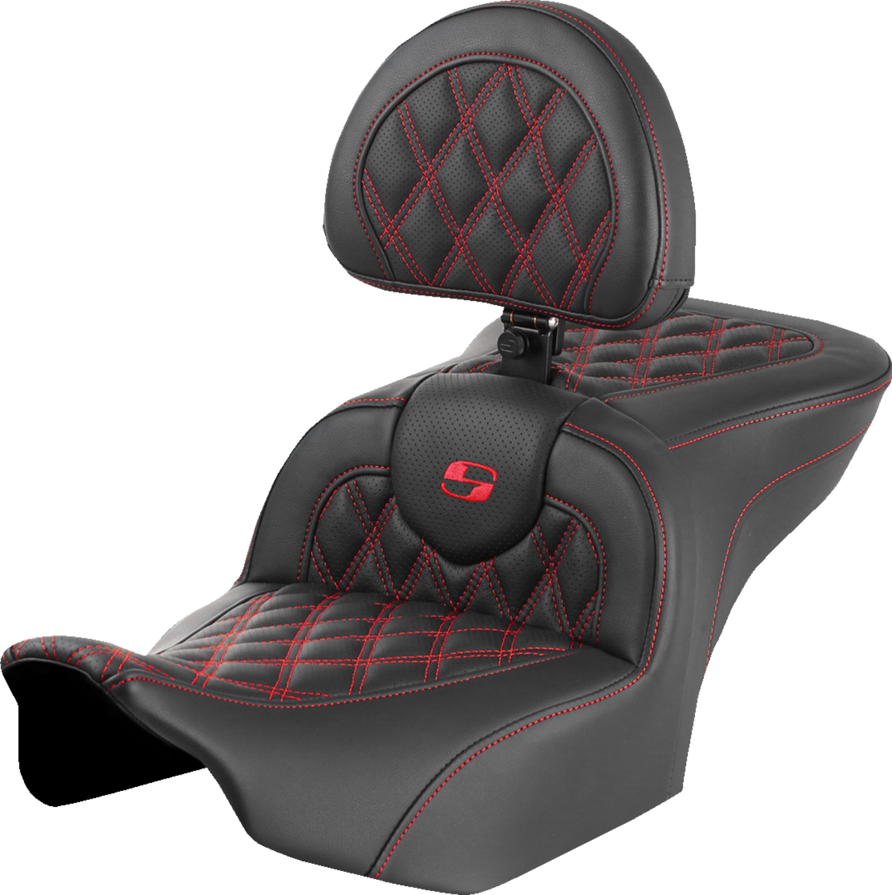 SADDLEMEN RoadSofa™ Seat - with Backrest - Lattice Stitch - Red Stitch - FLTR/FLHX '23-'24