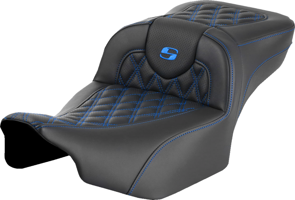 SADDLEMEN Roadsofa™ Extended Reach Seat - without Backrest - Lattice Stitch - Blue Stitch - FLTR/FLHX '23-'24