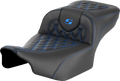 SADDLEMEN Roadsofa™ Extended Reach Seat - without Backrest - Lattice Stitch - Blue Stitch - FLTR/FLHX '23-'24