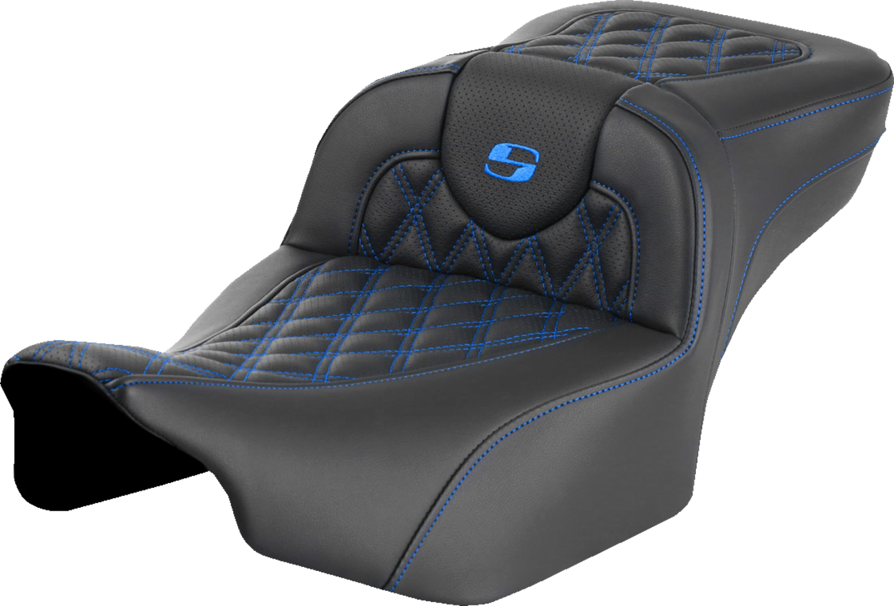 SADDLEMEN Roadsofa™ Extended Reach Seat - without Backrest - Lattice Stitch - Blue Stitch - FLTR/FLHX '23-'24