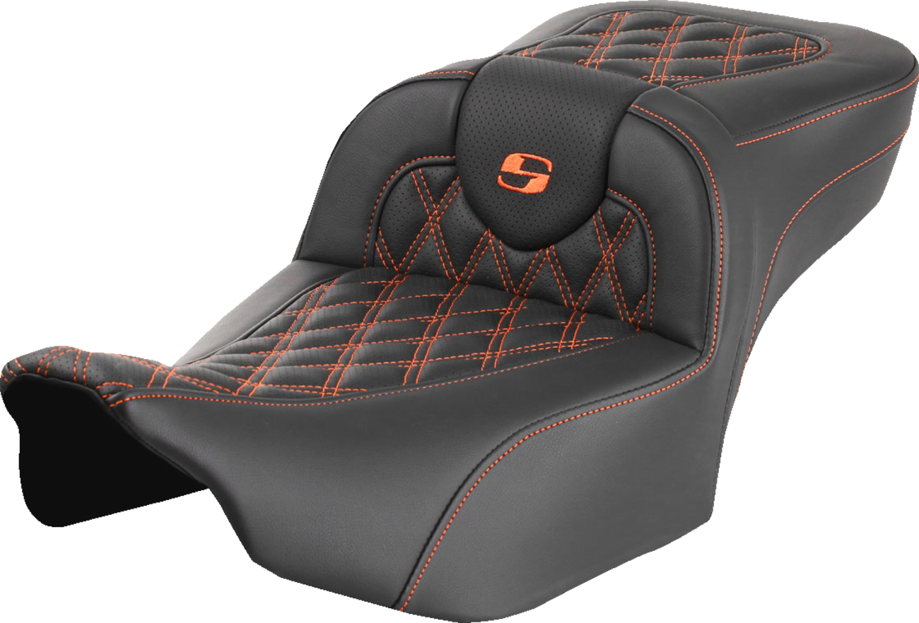 SADDLEMEN Roadsofa™ Extended Reach Seat - without Backrest - Lattice - Orange Stitch - FLTR/FLHX '23-'24