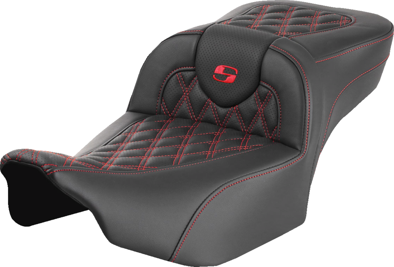 SADDLEMEN Roadsofa™ Extended Reach Seat - without Backrest - Lattice Stitch - Red Stitch - FLTR/FLHX '23-'24