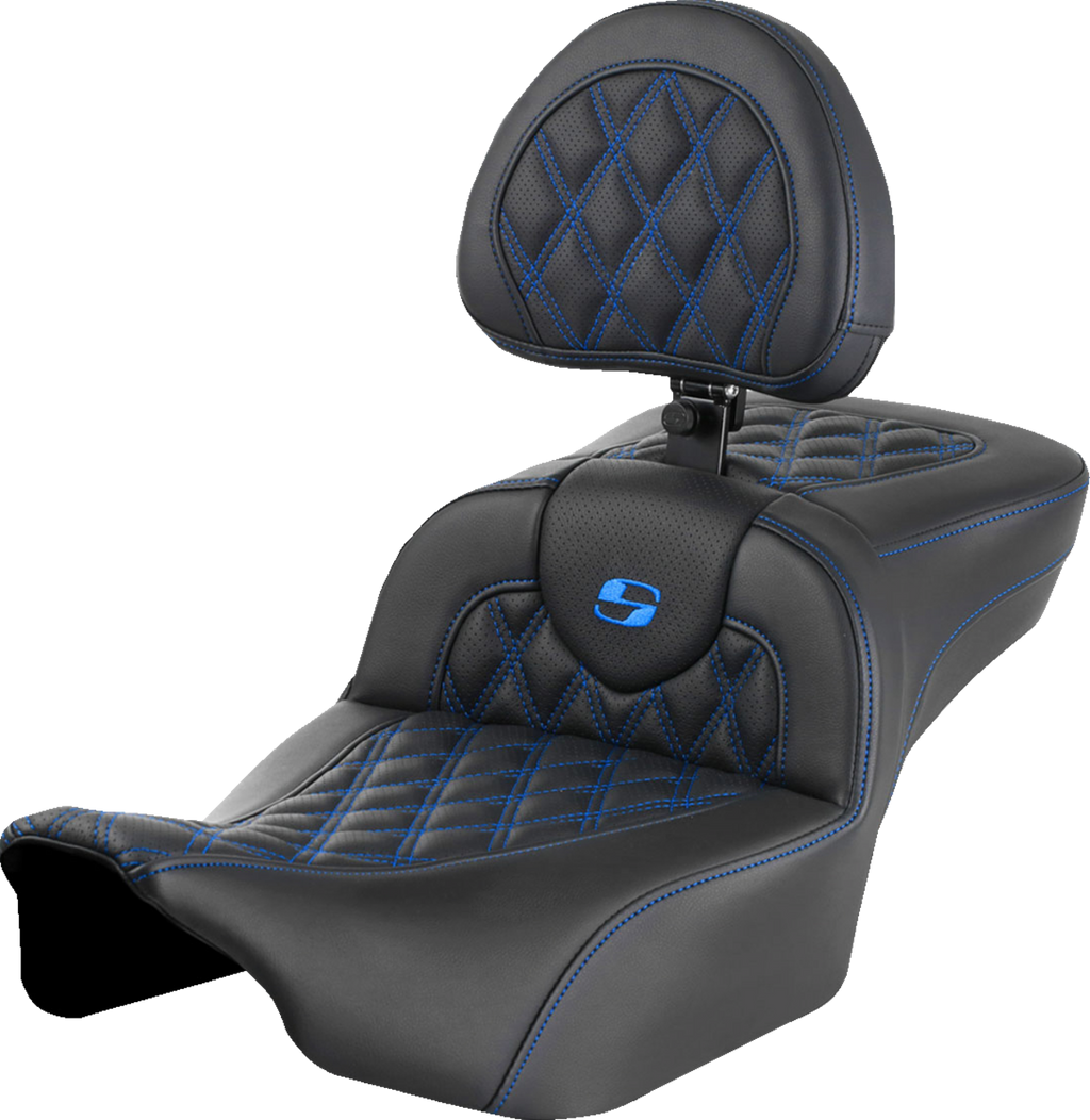 SADDLEMEN Roadsofa™ Extended Reach Seat - with Backrest - Lattice Stitch - Blue Stitch - FLTR/FLHX '23-'24
