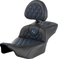 SADDLEMEN Roadsofa™ Extended Reach Seat - with Backrest - Lattice Stitch - Blue Stitch - FLTR/FLHX '23-'24