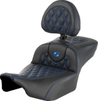 SADDLEMEN Roadsofa™ Extended Reach Seat - with Backrest - Lattice Stitch - Blue Stitch - FLTR/FLHX '23-'24