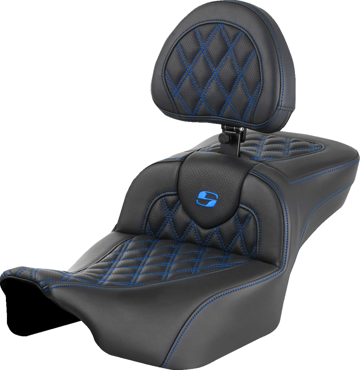 SADDLEMEN Roadsofa™ Extended Reach Seat - with Backrest - Lattice Stitch - Blue Stitch - FLTR/FLHX '23-'24