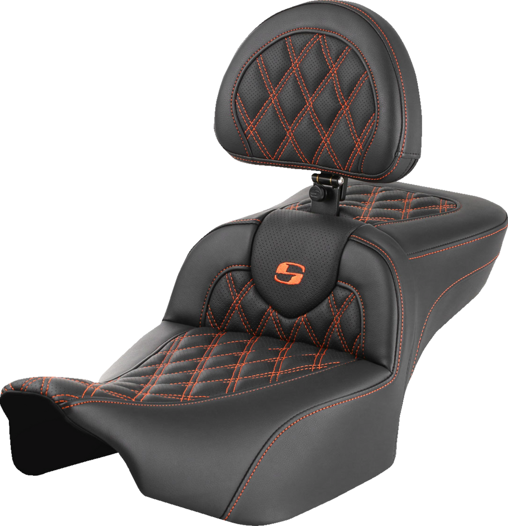 SADDLEMEN Roadsofa™ Extended Reach Seat - with Backrest - Lattice Stitch - Orange Stitch - FLTR/FLHX '23-'24