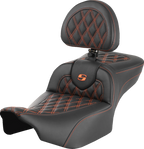 SADDLEMEN Roadsofa™ Extended Reach Seat - with Backrest - Lattice Stitch - Orange Stitch - FLTR/FLHX '23-'24