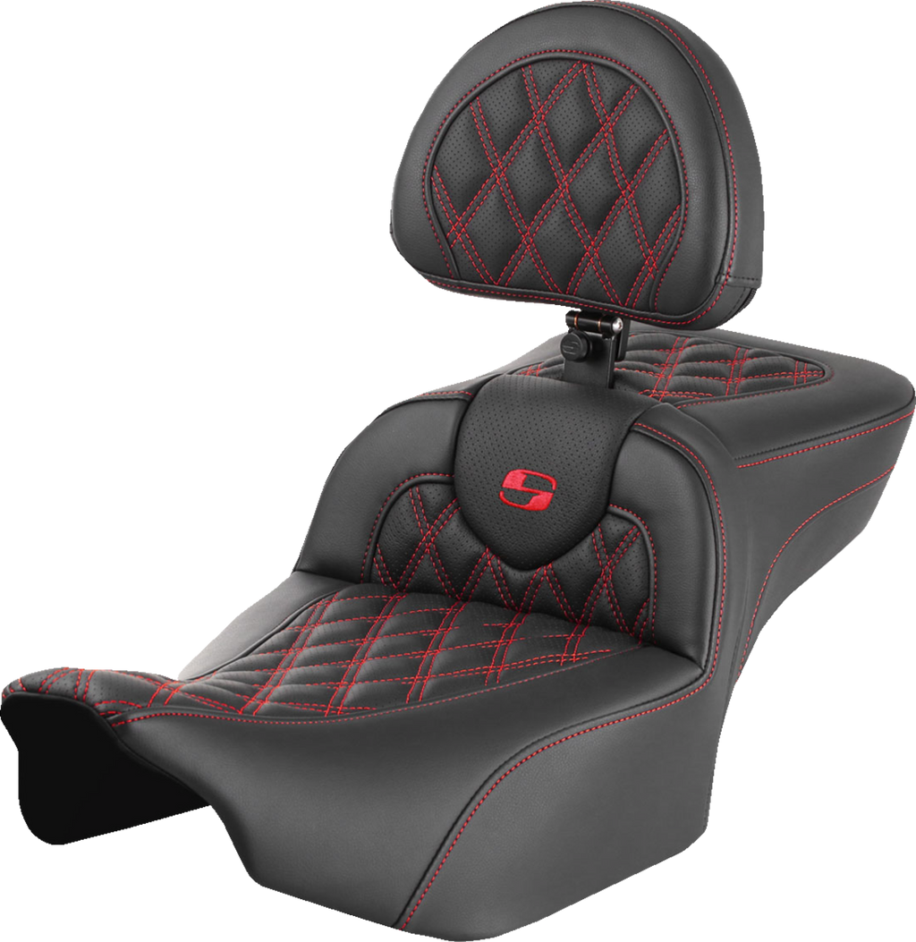 SADDLEMEN Roadsofa™ Extended Reach Seat - with Backrest - Lattice Stitch - Red Stitch - FLTR/FLHX '23-'24