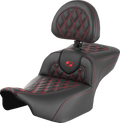 SADDLEMEN Roadsofa™ Extended Reach Seat - with Backrest - Lattice Stitch - Red Stitch - FLTR/FLHX '23-'24