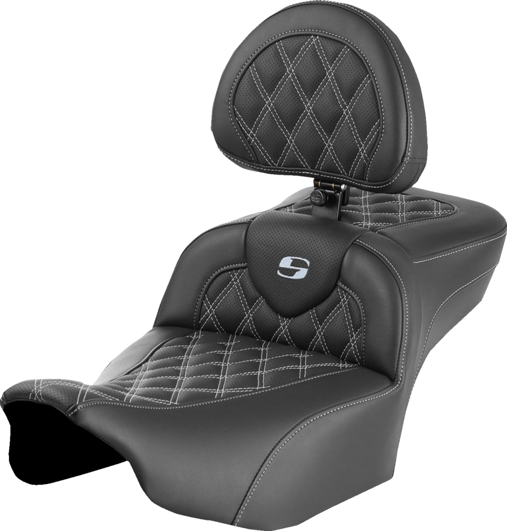 SADDLEMEN Roadsofa™ Extended Reach Seat - with Backrest - Lattice Stitch - Silver Stitch - FLTR/FLHX '23-'24