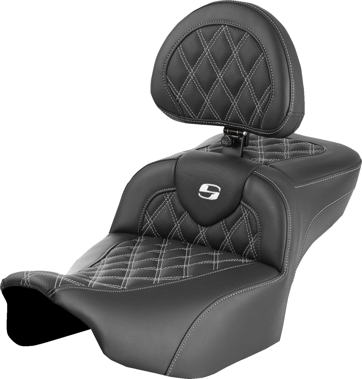 SADDLEMEN Roadsofa™ Extended Reach Seat - with Backrest - Lattice Stitch - White Stitch - FLTR/FLHX '23-'24