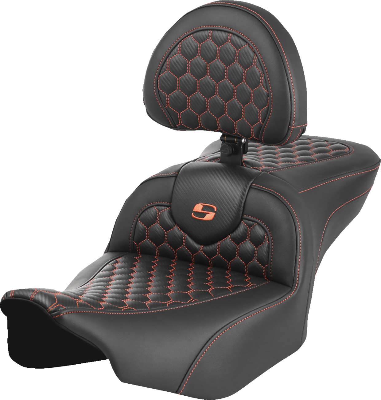 SADDLEMEN Roadsofa™ Seat - with Backrest - Honeycomb - Orange Stitch - FLTR/FLHX '23-'24