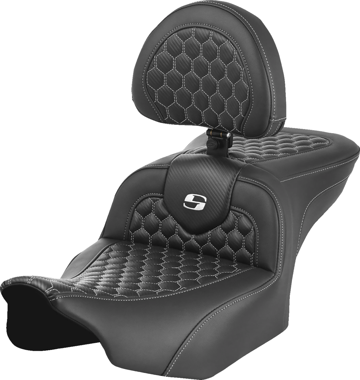SADDLEMEN Roadsofa™ Seat - with Backrest - Honeycomb - White Stitch - FLTR/FLHX '23-'24