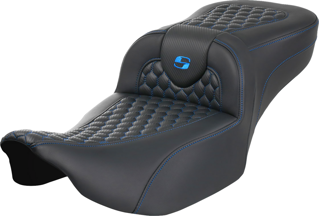 SADDLEMEN Roadsofa™ Extended Reach Seat - without Backrest - Honeycomb - Blue Stitch - FLTR/FLHX '23-'24