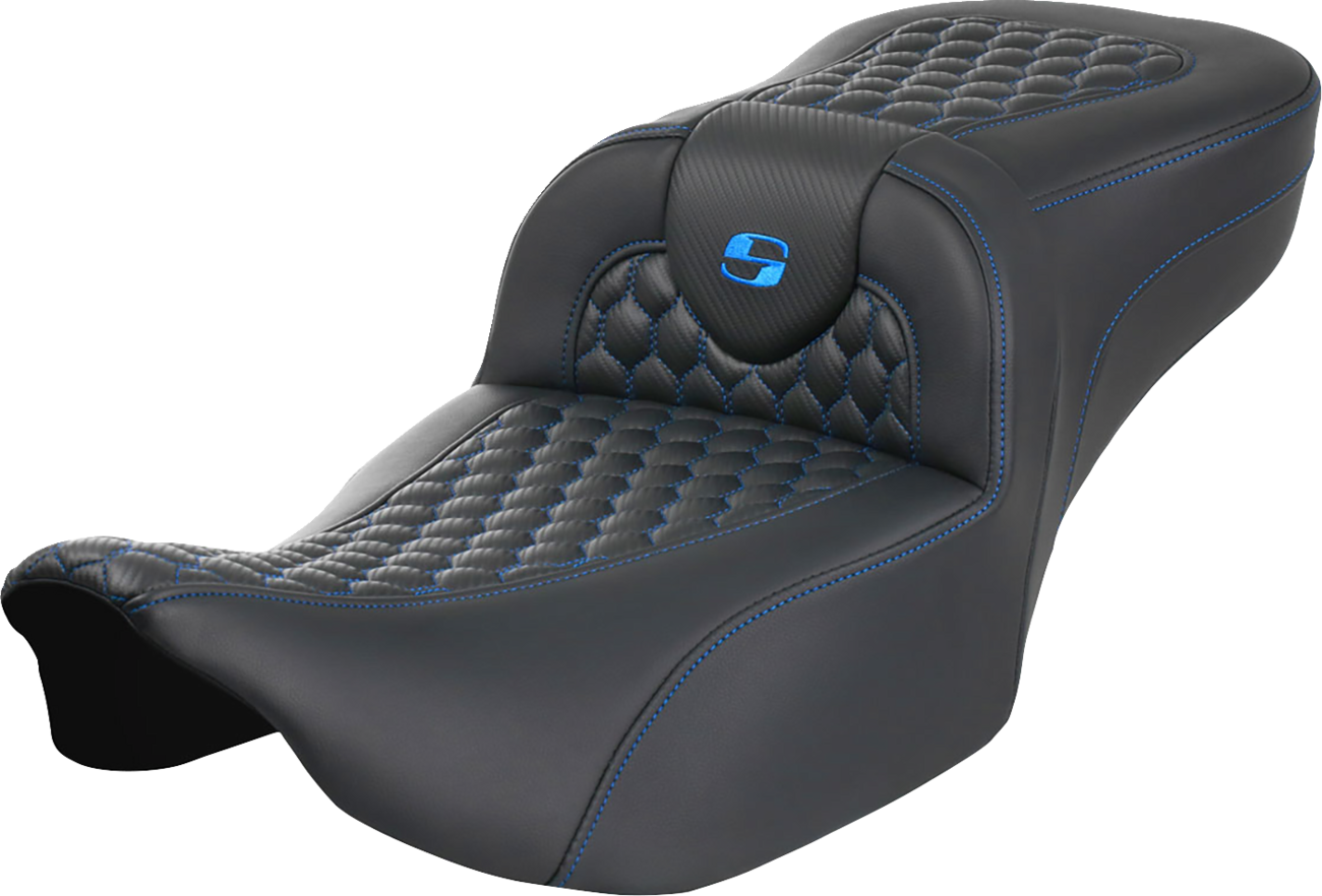 SADDLEMEN Roadsofa™ Extended Reach Seat - without Backrest - Honeycomb - Blue Stitch - FLTR/FLHX '23-'24
