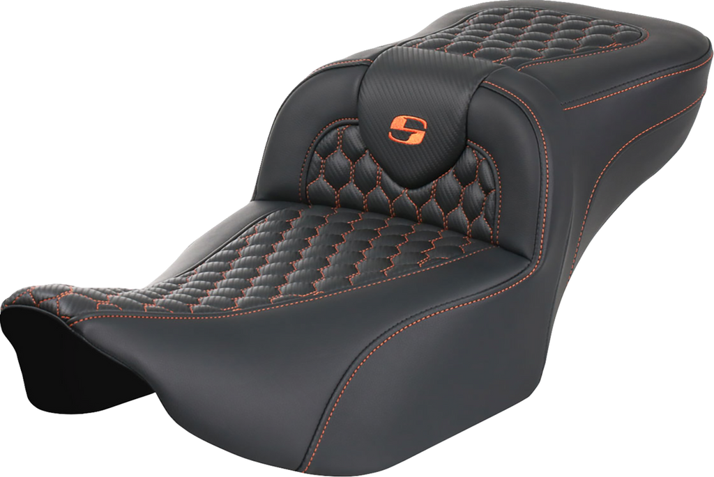 SADDLEMEN Roadsofa™ Extended Reach Seat - without Backrest - Honeycomb - Orange Stitch - FLTR/FLHX '23-'24