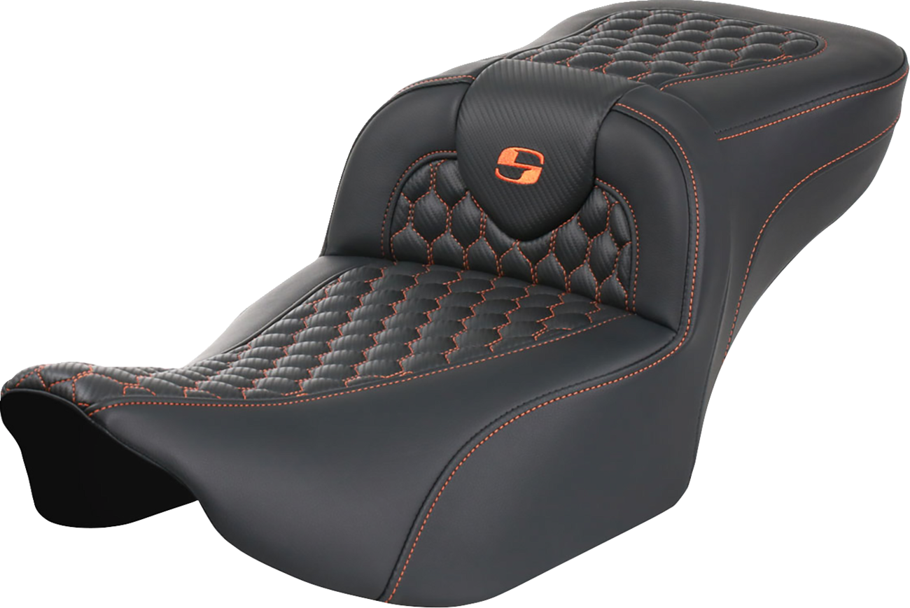 SADDLEMEN Roadsofa™ Extended Reach Seat - without Backrest - Honeycomb - Orange Stitch - FLTR/FLHX '23-'24