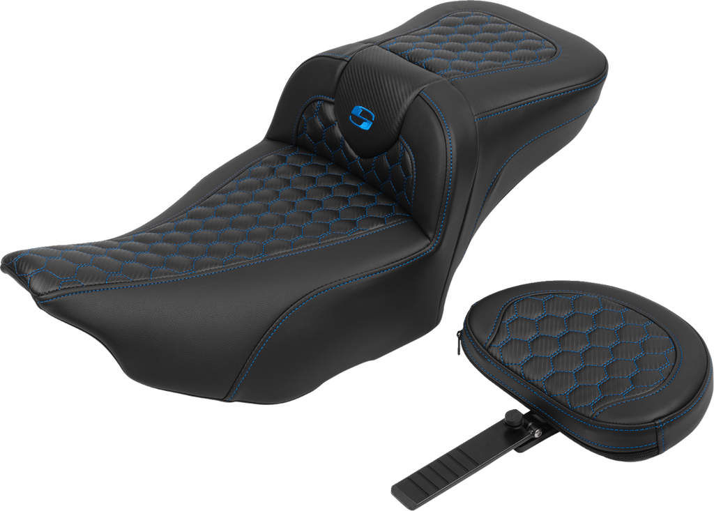 SADDLEMEN Roadsofa™ Extended Reach Seat - with Backrest - Honeycomb - Blue Stitch - FLTR/FLHX '23-'24