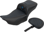 SADDLEMEN Roadsofa™ Extended Reach Seat - with Backrest - Honeycomb - Blue Stitch - FLTR/FLHX '23-'24