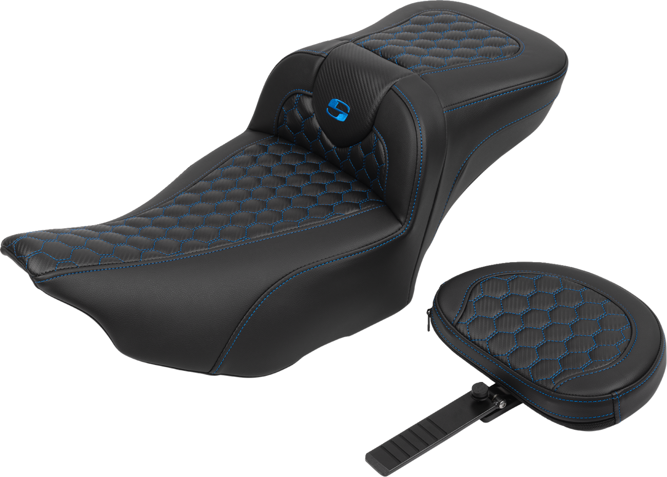 SADDLEMEN Roadsofa™ Extended Reach Seat - with Backrest - Honeycomb - Blue Stitch - FLTR/FLHX '23-'24
