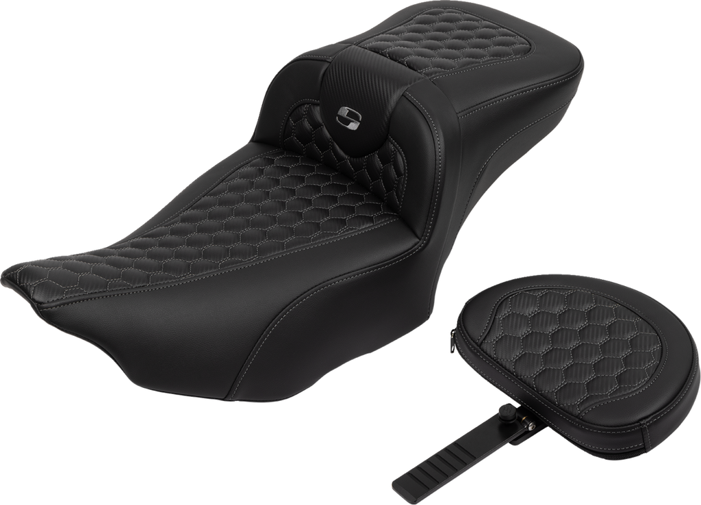 SADDLEMEN Roadsofa™ Extended Reach Seat - with Backrest - Honeycomb - Dark Gray Stitch - FLTR/FLHX '23-'24