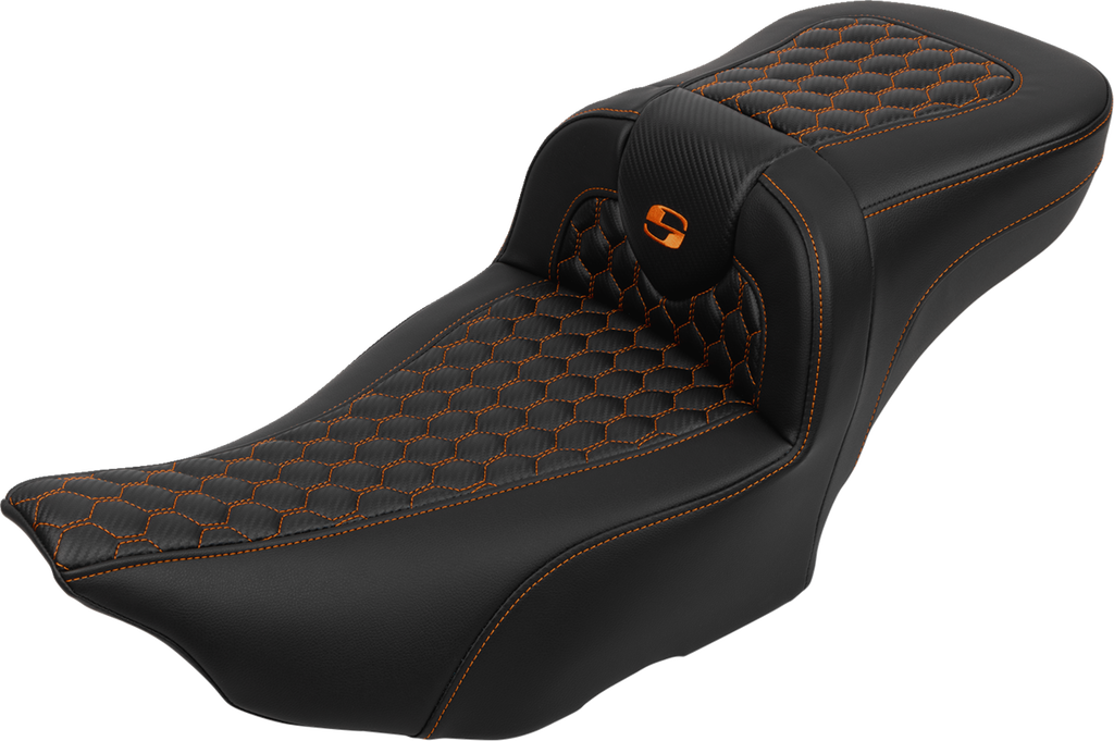 SADDLEMEN Roadsofa™ Extended Reach Seat - with Backrest - Honeycomb - Orange Stitch - FLTR/FLHX '23-'24