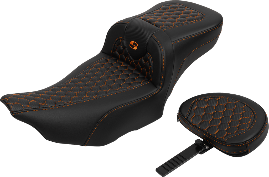 SADDLEMEN Roadsofa™ Extended Reach Seat - with Backrest - Honeycomb - Orange Stitch - FLTR/FLHX '23-'24