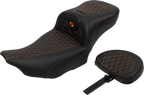 SADDLEMEN Roadsofa™ Extended Reach Seat - with Backrest - Honeycomb - Orange Stitch - FLTR/FLHX '23-'24