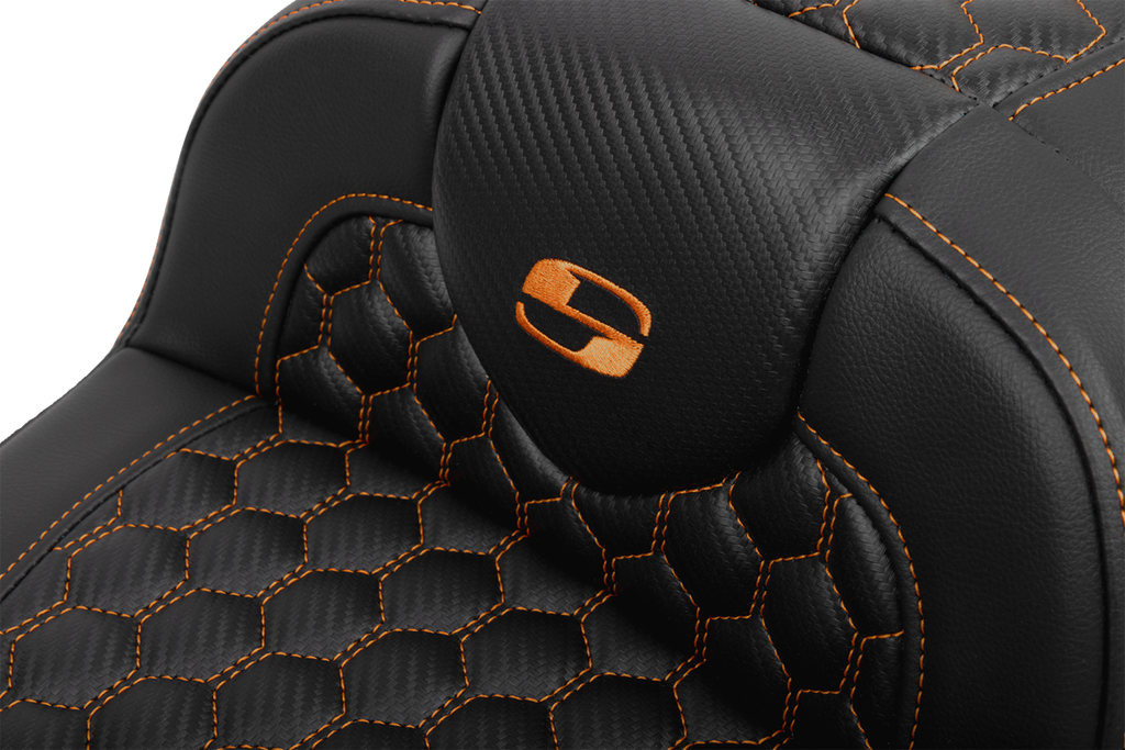 SADDLEMEN Roadsofa™ Extended Reach Seat - with Backrest - Honeycomb - Orange Stitch - FLTR/FLHX '23-'24