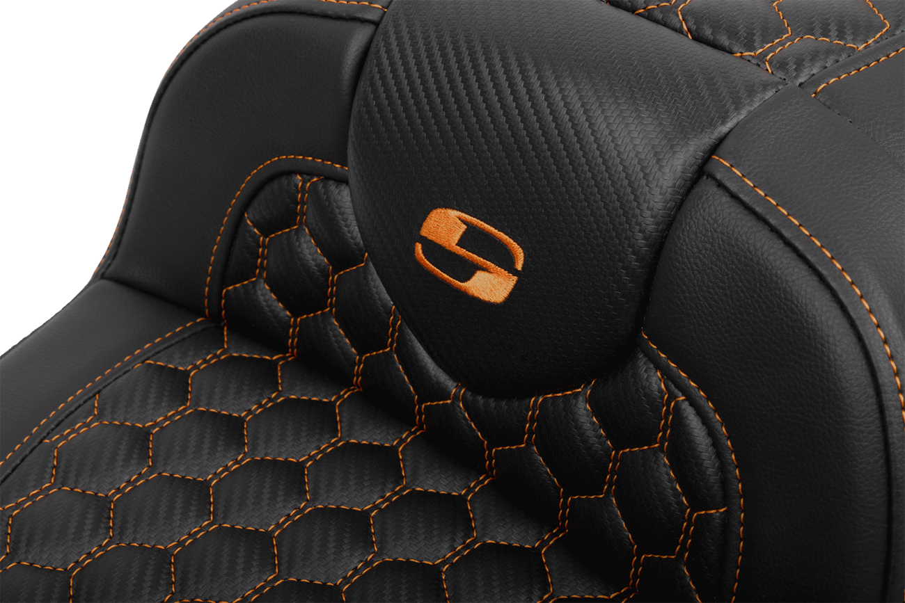 SADDLEMEN Roadsofa™ Extended Reach Seat - with Backrest - Honeycomb - Orange Stitch - FLTR/FLHX '23-'24