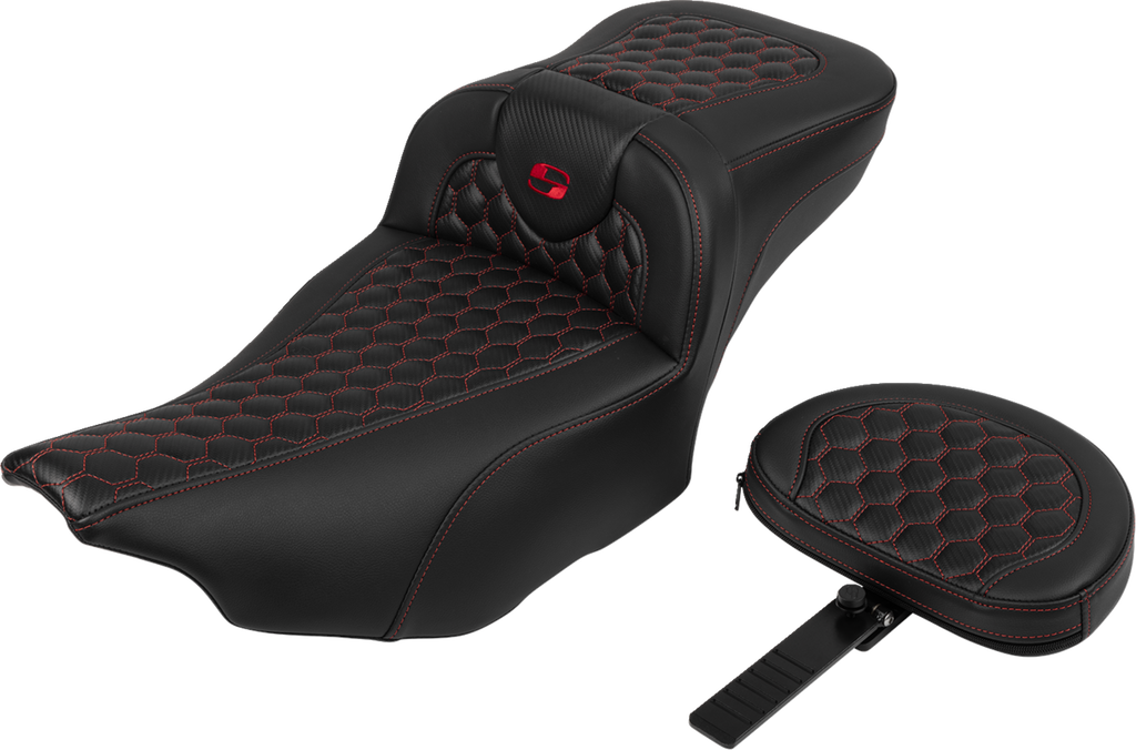 SADDLEMEN Roadsofa™ Extended Reach Seat - with Backrest - Honeycomb - Red Stitch - FLTR/FLHX '23-'24