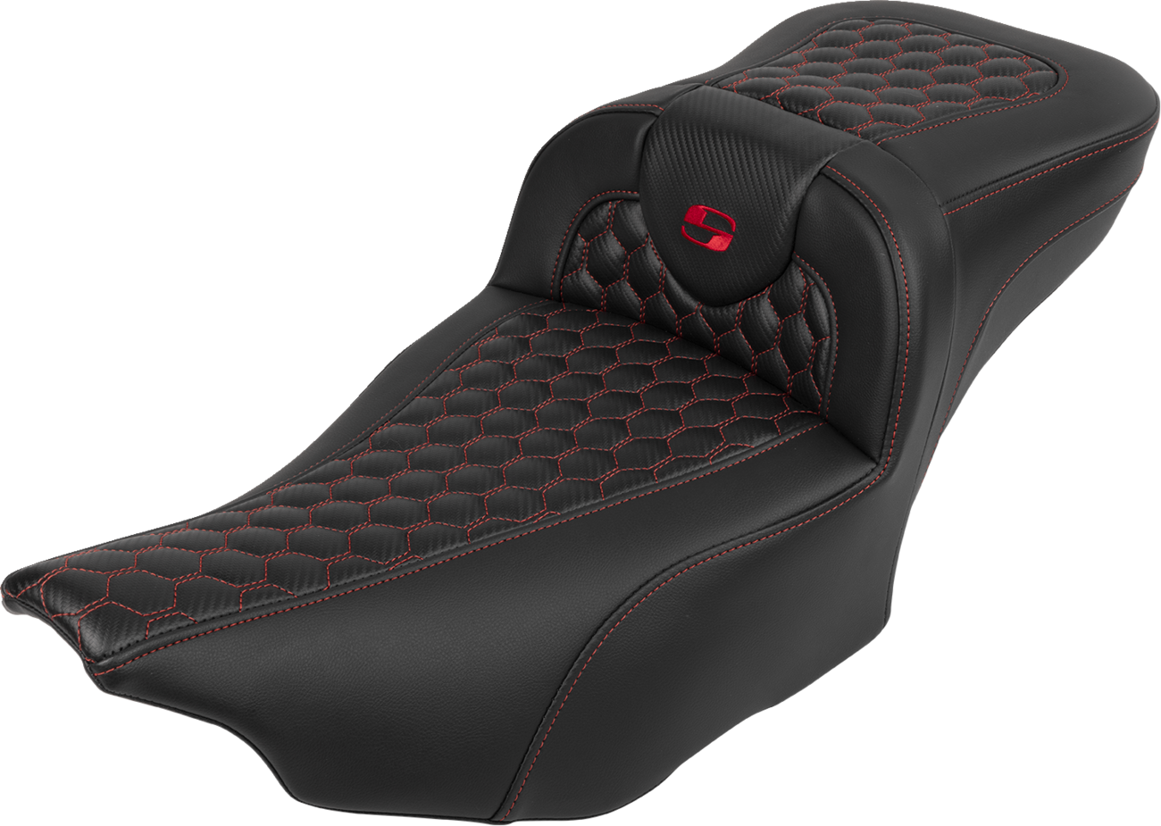 SADDLEMEN Roadsofa™ Extended Reach Seat - with Backrest - Honeycomb - Red Stitch - FLTR/FLHX '23-'24