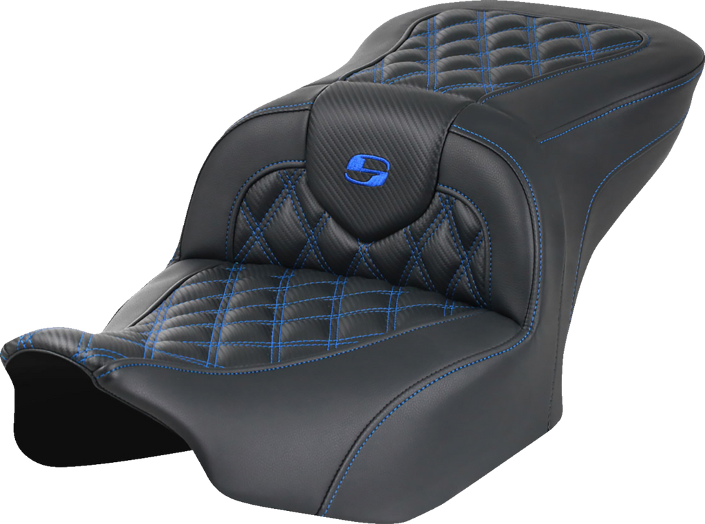 SADDLEMEN RoadSofa™ Seat - without Backrest - Carbon Fiber - Lattice Stitch - Blue Stitch - FLTR/FLHX '23-'24