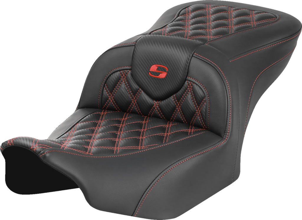 SADDLEMEN RoadSofa™ Seat - without Backrest - Carbon Fiber - Lattice Stitch - Red Stitch - FLTR/FLHX '23-'24