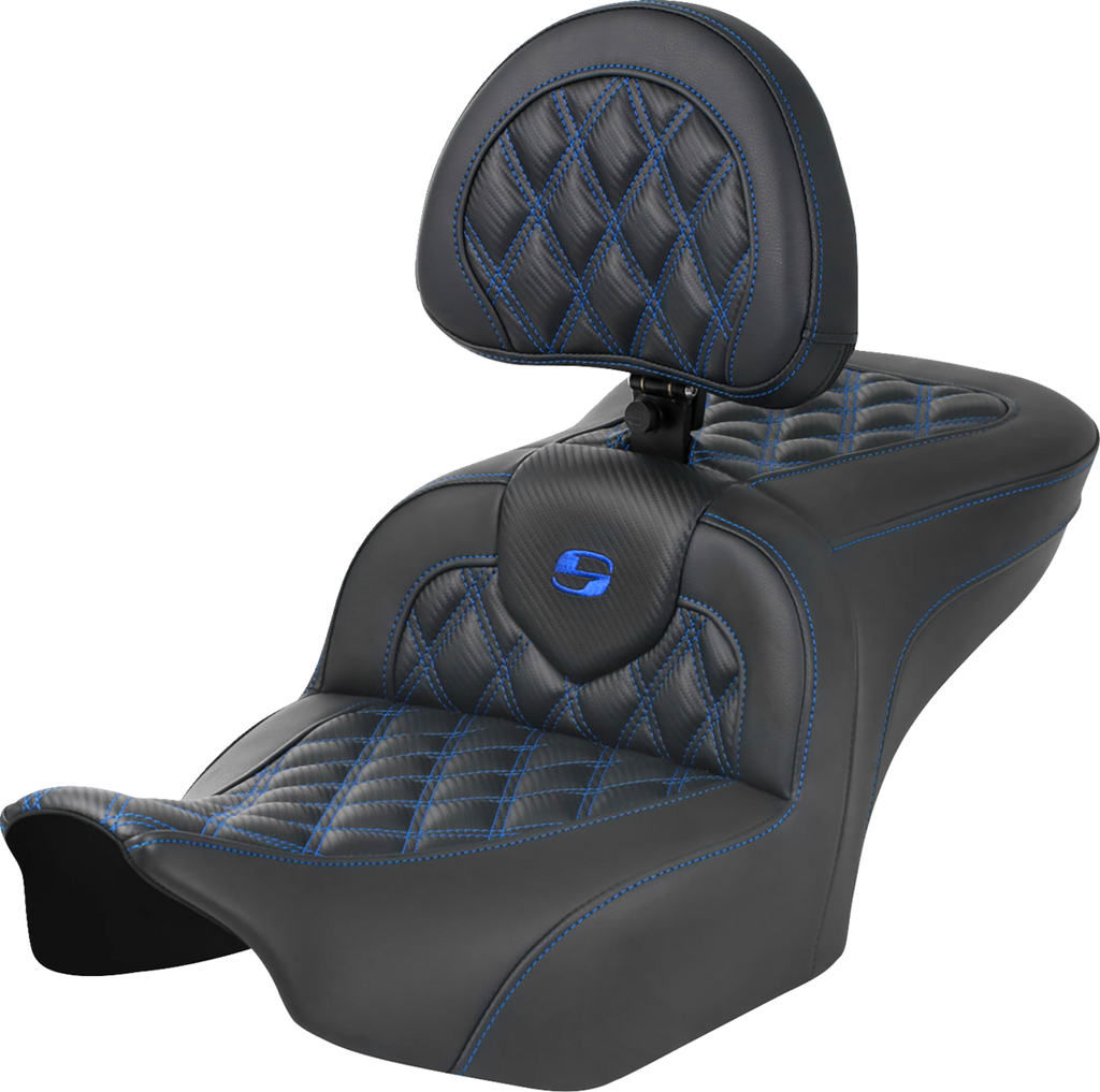 SADDLEMEN RoadSofa™ Seat - with Backrest - Carbon Fiber - Lattice Stitch - Blue Stitch - FLTR/FLHX '23-'24
