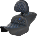 SADDLEMEN RoadSofa™ Seat - with Backrest - Carbon Fiber - Lattice Stitch - Blue Stitch - FLTR/FLHX '23-'24
