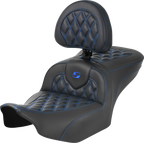 SADDLEMEN RoadSofa™ Seat - with Backrest - Carbon Fiber - Lattice Stitch - Blue Stitch - FLTR/FLHX '23-'24