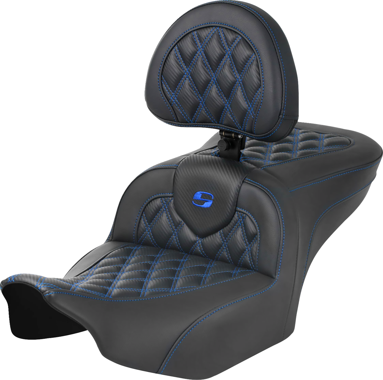 SADDLEMEN RoadSofa™ Seat - with Backrest - Carbon Fiber - Lattice Stitch - Blue Stitch - FLTR/FLHX '23-'24