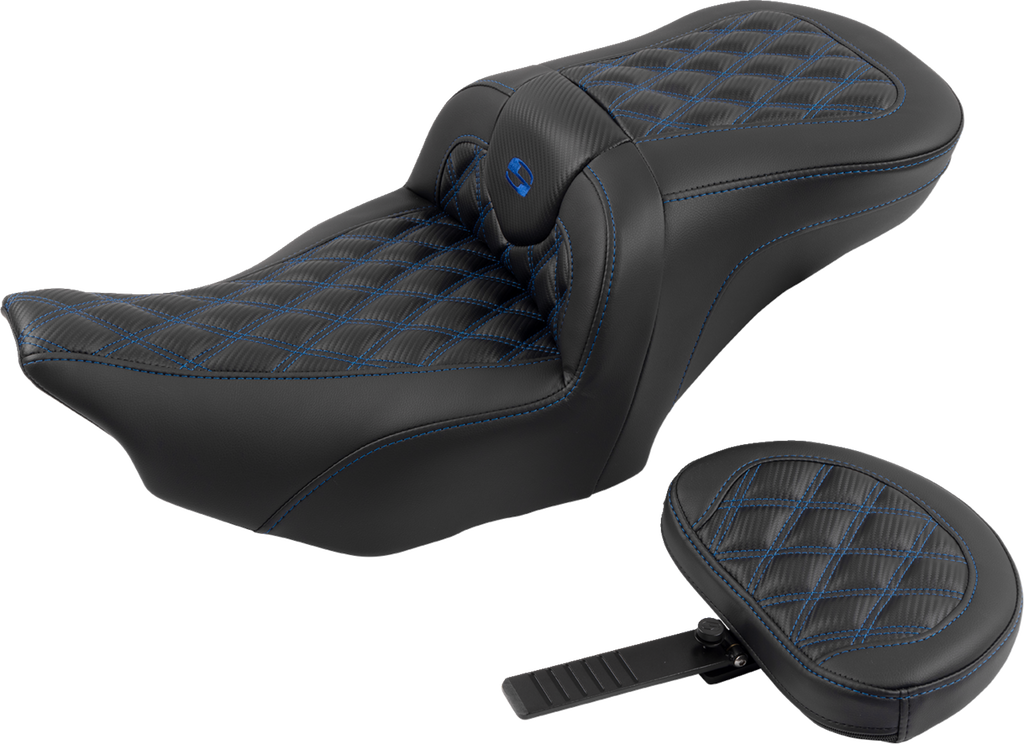 SADDLEMEN RoadSofa™ Seat - with Backrest - Carbon Fiber - Lattice Stitch - Blue Stitch - FLTR/FLHX '23-'24
