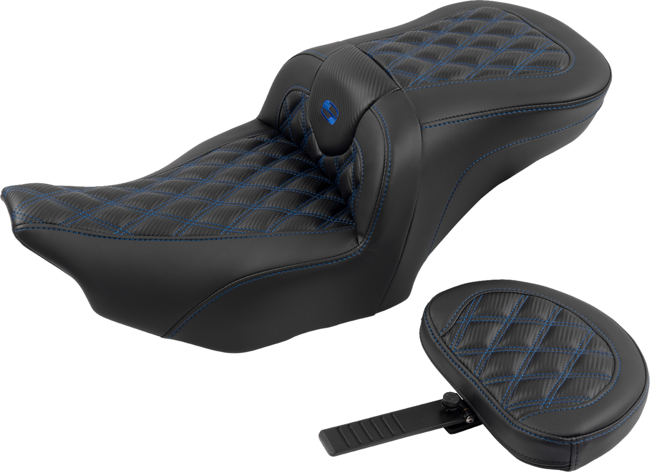 SADDLEMEN RoadSofa™ Seat - with Backrest - Carbon Fiber - Lattice Stitch - Blue Stitch - FLTR/FLHX '23-'24